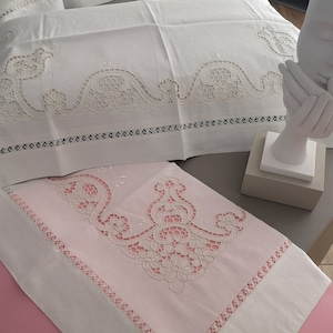 Precious mixed linen sheet with cutwork embroidery and satin stitch in silk thread by hand