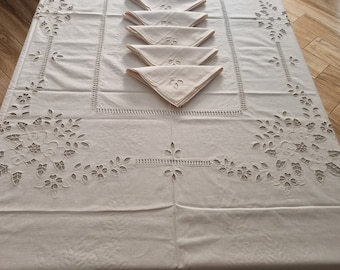 Embroidered tablecloth 100% cotton machine cut embroidery and hand lily x8 places Tablecloth ecru' color