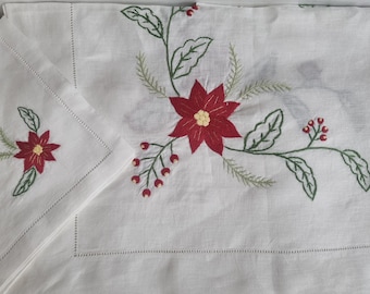 Spectacular Pure Linen Christmas Tablecloth with Hand Embroidery Full Stitch Tablecloth Linen Christmas 74 x 110 inch