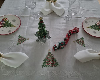 Christmas tablecloth embroidered in pure linen Bellora 12 places 175 x 270 cm Tablecloth linen christmas