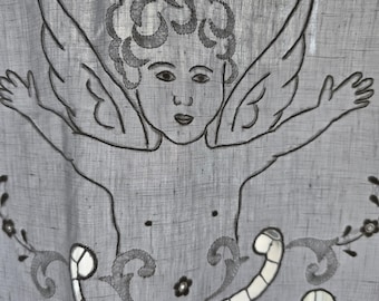 Elegantissima tenda in puro lino con ricamo Intaglio Farfalle a mano