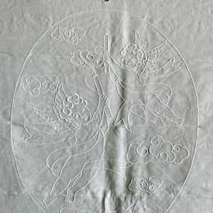Very fine pure linen curtain with hand-stitched cutwork and satin stitching, Angels 210 x 300 cm curtain linen
