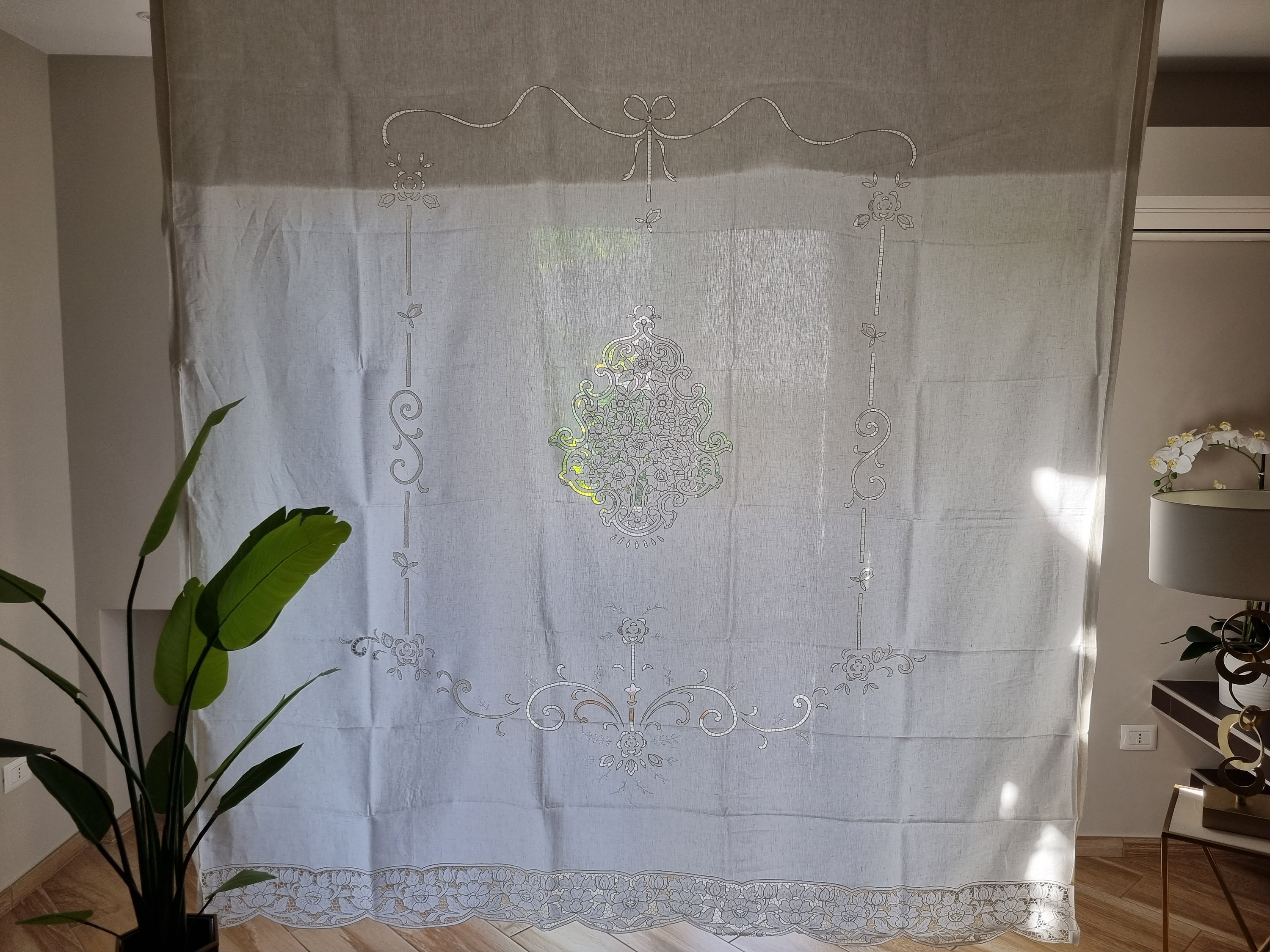 Museale tenda puro lino ricamo Tombolo e punto pieno a mano 210x300cm