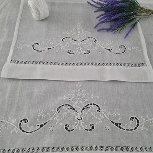 Hand embroidered Bellavia linen towels with lavender flower embroidery
