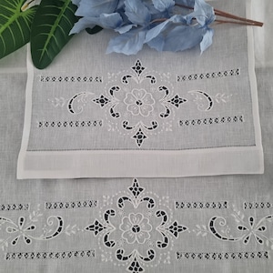 Hand embroidered Bellavia linen towels with lavender flower embroidery