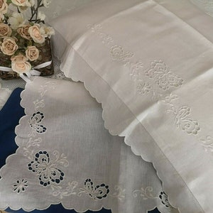 100% pure linen sheet with Intaglio Butterflies embroidery and P. Full handmade sheet linen