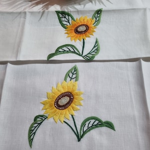 Prestigious 1+1 pure linen towels embroidered Sunflowers in satin stitch handmade towel