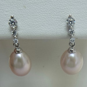 Freshwater Pink drop-shape Pearl earrings .925 Sterling Silver and CZ gems