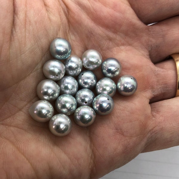 Japanese Blue Silver Akoya Pearl Beads 6.5-7mm and 8-8.5mm Very High Luster Round Fine Quality Full-Drilled Natural Color Rare