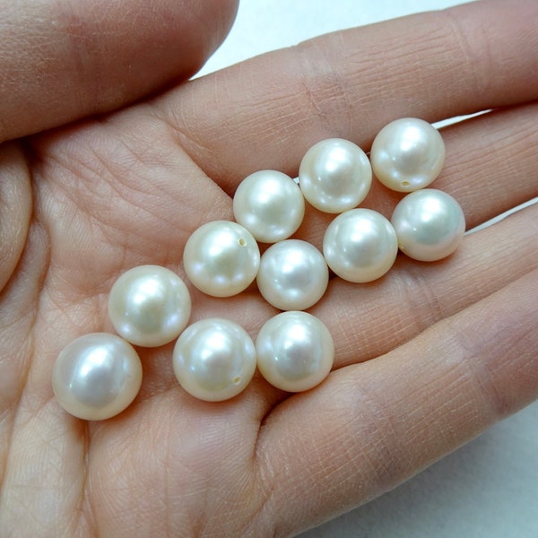 Commercial Quality Freshwater Round Pearl 9.5mm-10mm Loose Pieces and Pairs, Half-Drill, High Luster, Genuine Chinese Freshwater