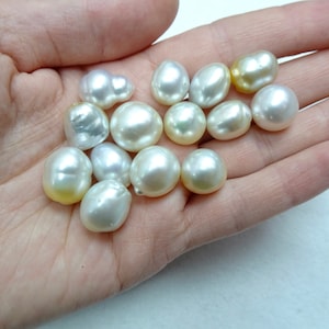 Südsee Barock Perle Weiß und Gold 10mm-14mm Ausgezeichnet Glänzend Luster, Vollgebohrt, Echte Perle - 1 Stück