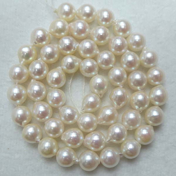 Japanese Baroque Akoya Pearl Strand 7mm-7.5mm, Excellent Rose Luster, Natural Bright Ivory Color, Genuine Akoya Pearls 16" Length