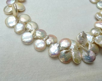 Freshwater Coin Pearl Strand 13-14mm, Natural Intense Metallic Peach Color, Excellent Iridescent Luster, Jewelry Quality