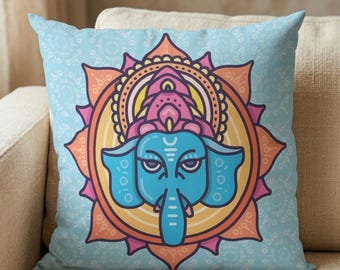 Ethnic Elephant Pillow - Tribal Mandala Design Cushion Cover, Vintage Bohemian Pillow Cover, Boho Farmhouse Decor 16x16