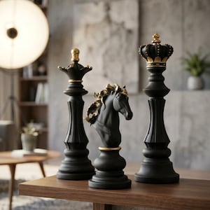 May include: Three black and gold chess pieces on a wooden table. The pieces include a king, queen, and a horse-shaped knight. The chess pieces have gold accents and are set against a blurred background.