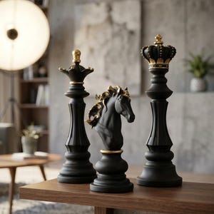 Peut inclure: Trois pièces d'échecs noires et dorées sur une table en bois. L'ensemble comprend une reine, un cavalier et un roi. La reine et le roi ont des détails dorés, tandis que le cavalier a une crinière dorée. Pièces d'échecs décoratives.