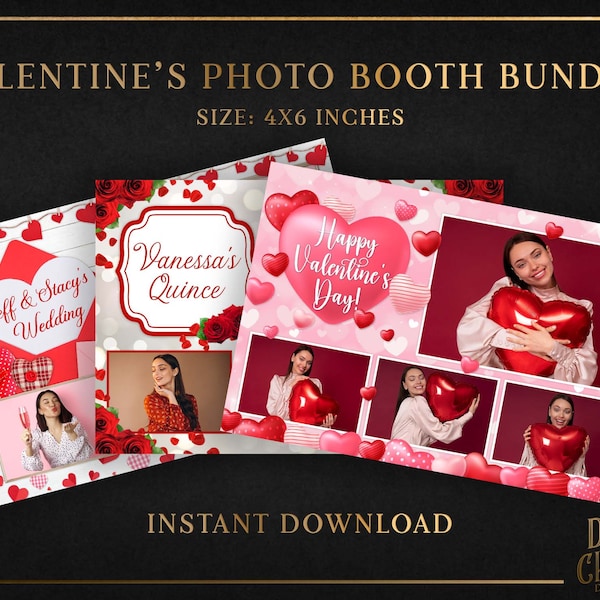 4x6 Valentine's Photo Booth Bundle (Hearts, Red Roses, Rustic)