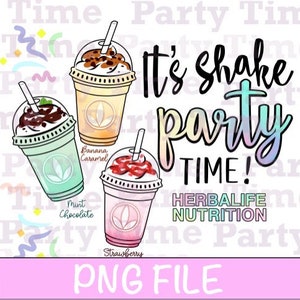 Puede incluir: ¡Es hora de la fiesta de batidos! Una ilustración digital de tres batidos coloridos con el texto "¡Es hora de la fiesta de batidos! Herbalife Nutrition".