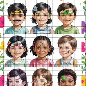 May include: Illustration of children with face paint designs, including a sombrero, a chili pepper, and a taco. The image has the text "Fiesta Face Painting" at the top, with a grid background and floral accents.