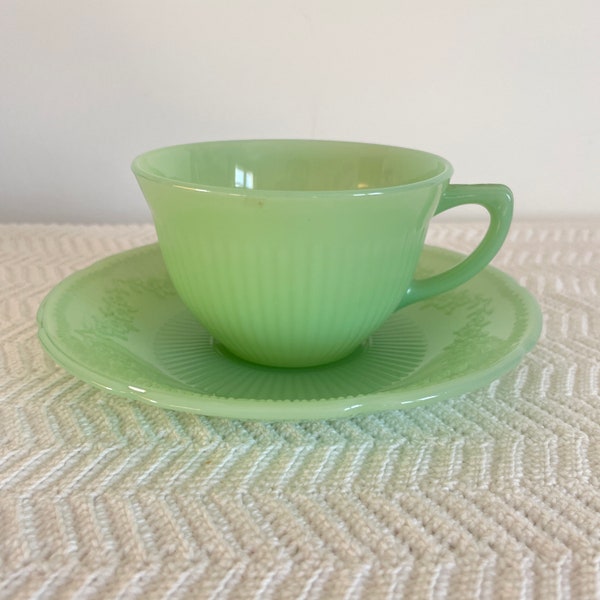 Vintage Anchor Hocking Fire King Jadeite Tea Cups and Saucers; Sold Individually; Jade Ite Alice and Jane Ray Tea Cups and Saucers