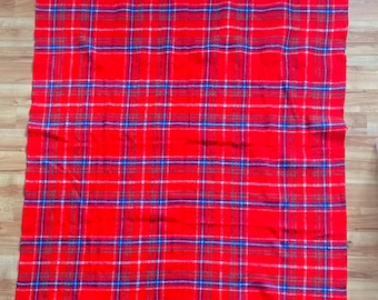 Vintage 1970s Wool Plaid Tartan Stadium Blanket: Red, Blue, Green Fringe