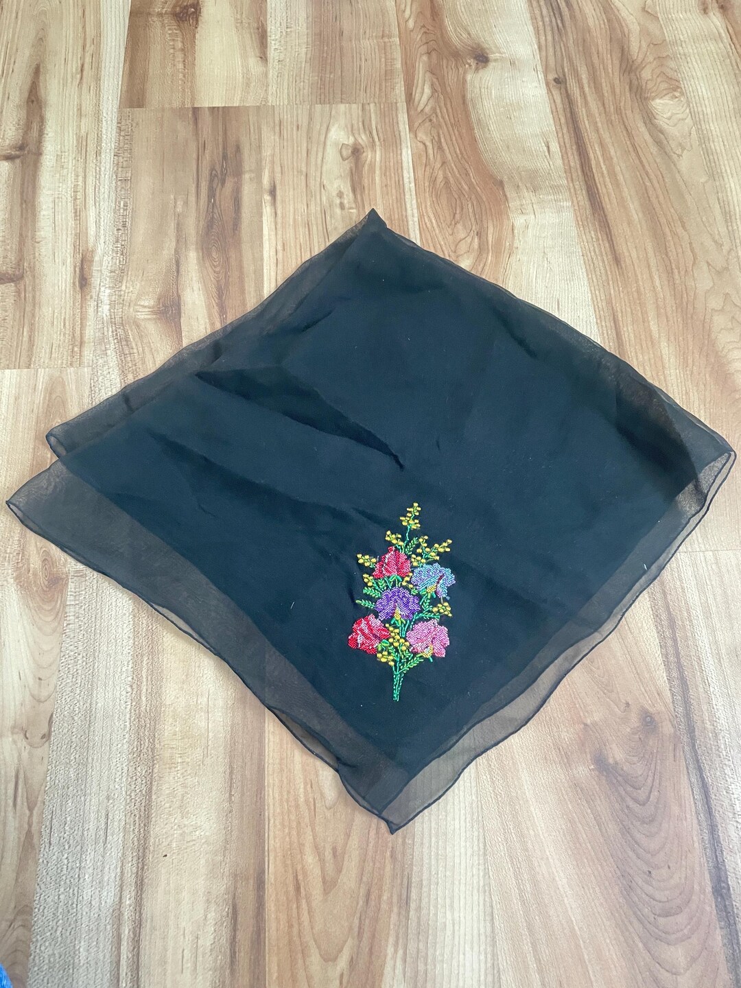 Nilon Scarf Vintage 40s Black Sheer Nylon Scarf W/floral Embroidery - Etsy