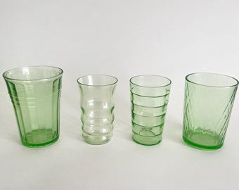 Vintage Green Depression Glass Tumblers; Block Optic, Bubble Sides, Diamond, Moderntone--sold separately