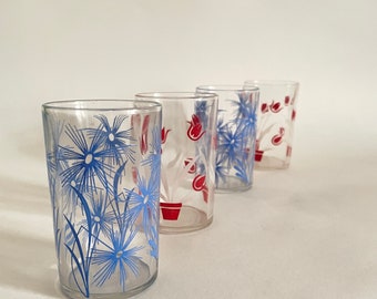 Vintage Kraft Swanky Swig Glasses--Sold Individually; Red Tulips and Blue Cornflower Flowered Juice Glasses