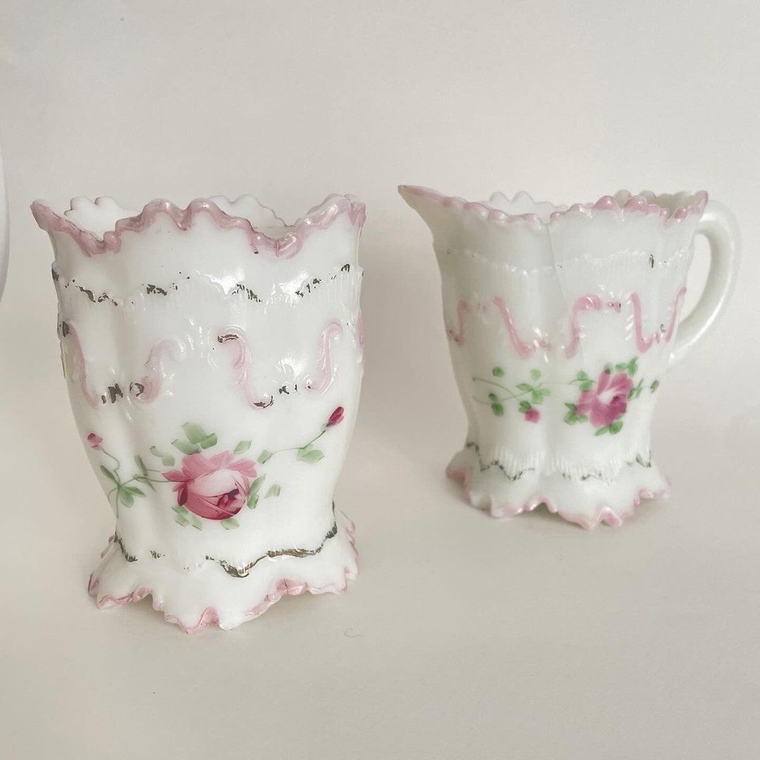 Versailles Hand Painted Milk Glass Spooner and Sugar by Dithridge