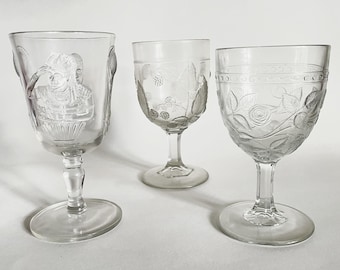Antique 19th Century Early American Pressed Goblets; EAPG Victorian Kate Claxton/Lotta (Opera), Blackberry & Rose Glasses; Sold Individually