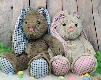 Large Personalized, Embroidered, Floppy-Eared Plush Blue or Pink Gingham Bunny Rabbit for baby gift, baby shower or Easter