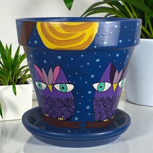Hand Painted Owl Planter, Blue Terracotta Pot with Moon Design,  Bird Decor Gift