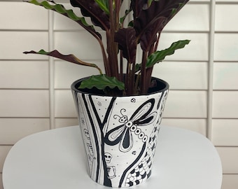 Hand-Painted Terracotta Plant Pot: Black and White Whimsical Design
