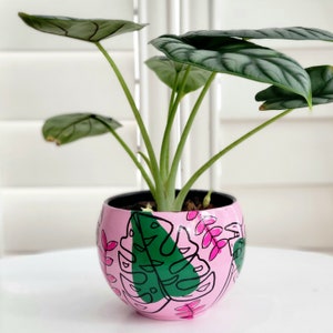 Pink Monstera Plant Pot. Round Planter. Handpainted Pot &quot;Pink Monstera&quot;