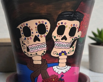 Hand-Painted Day of the Dead Planter – Amor Eterno Sugar Skull Terracotta Flower Pot