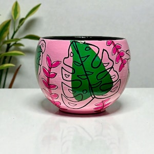 Hand-Painted Botanical Planter – Pink Monstera Terracotta Plant Pot