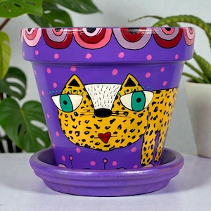 Hand Painted Leopard Planter, Purple Cat Pot, Jaguar Whimsical Terracotta Decor for Plant Lovers