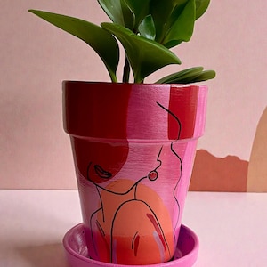 Hand-Painted Abstract Face Planter – Pink Modern Terracotta Plant Pot