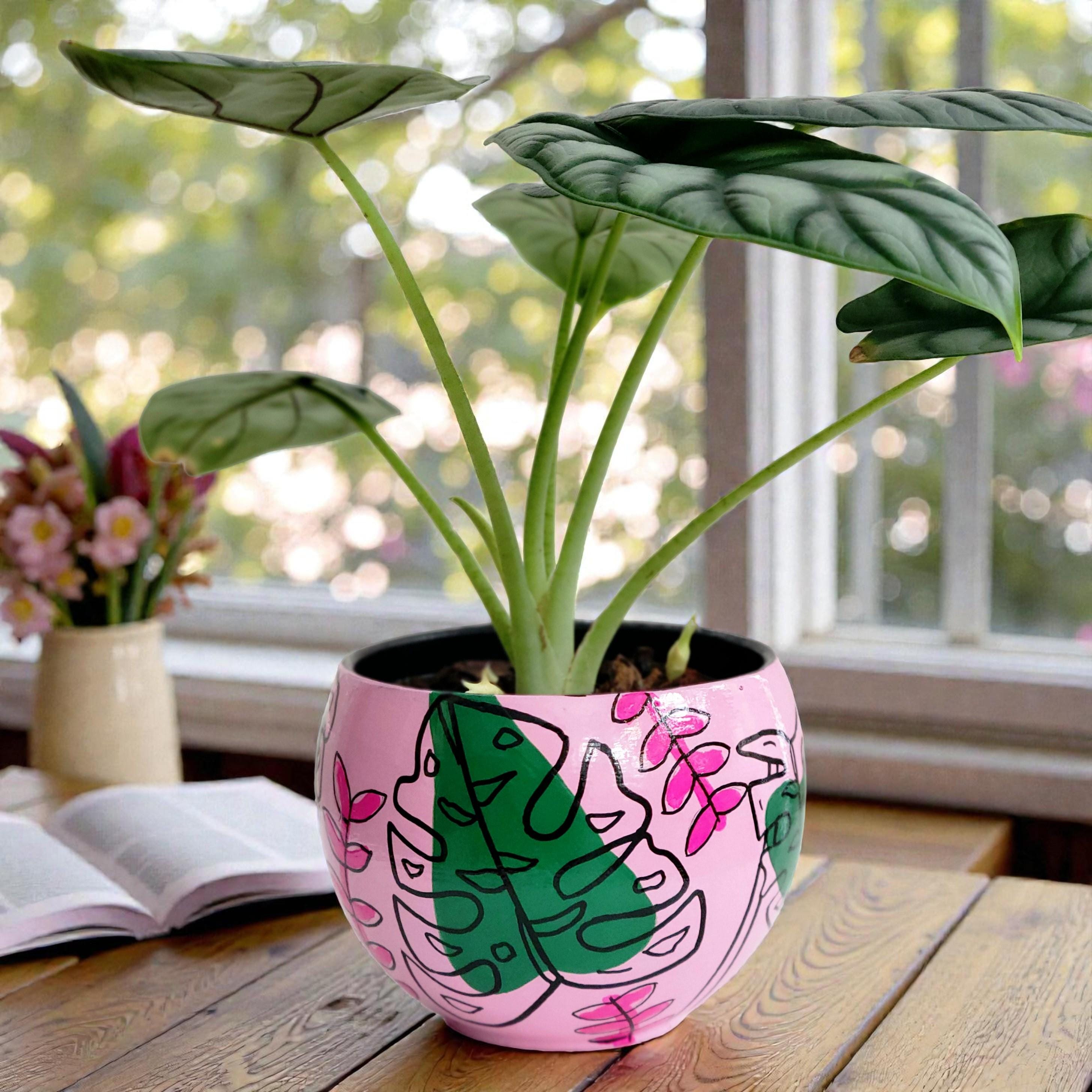 Hand-painted Botanical Planter  Pink Monstera Terracotta Plant Pot - Etsy