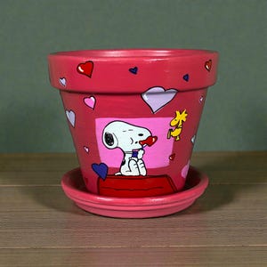 Hand Painted Snoopy Plant Pot - Pink Hearts Planter- Valentines Gift