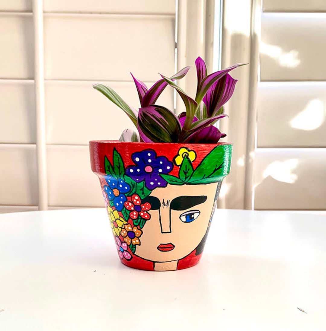 Hand-painted Frida Kahlo Plant Pot, Colorful Floral Clay Planter