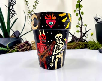 Hand-Painted Day of the Dead Terracotta Planter – Mexican Folk Art