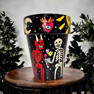 Hand-Painted Skeleton Terracotta Planter – 4x6 Unique Art Pot