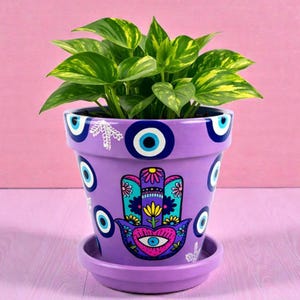 Hand-Painted Evil Eye Terracotta Planter – Hamsa Hand Planter – Purple Decor Plant Pot