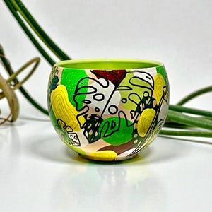 Monstera Jungle Round Plant Pot, Hand-Painted Green Terracotta Planter