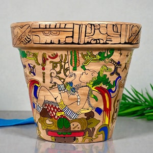 Hand-Painted Mayan Inspired Terracotta Planter – Mesoamerican Art Plant Pot