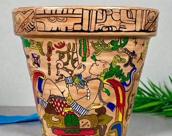 手書きアート鉢 手描きのマヤアート植木鉢 - プレヒスパニックアート花瓶（8インチ