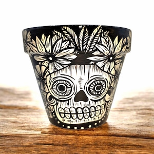 Hand-Painted Black and White Skull Terracotta Planter – Gothic Home Decor