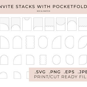Puede incluir: Un conjunto de 20 plantillas de invitación de bolsillo plegables imprimibles con diferentes formas y diseños. Las plantillas están listas para imprimir y cortar. El texto en la imagen dice "Invite Stacks with Pocketfolds, Mix & Match, .SVG .PNG .EPS .JPEG, Print/Cut Ready Files".