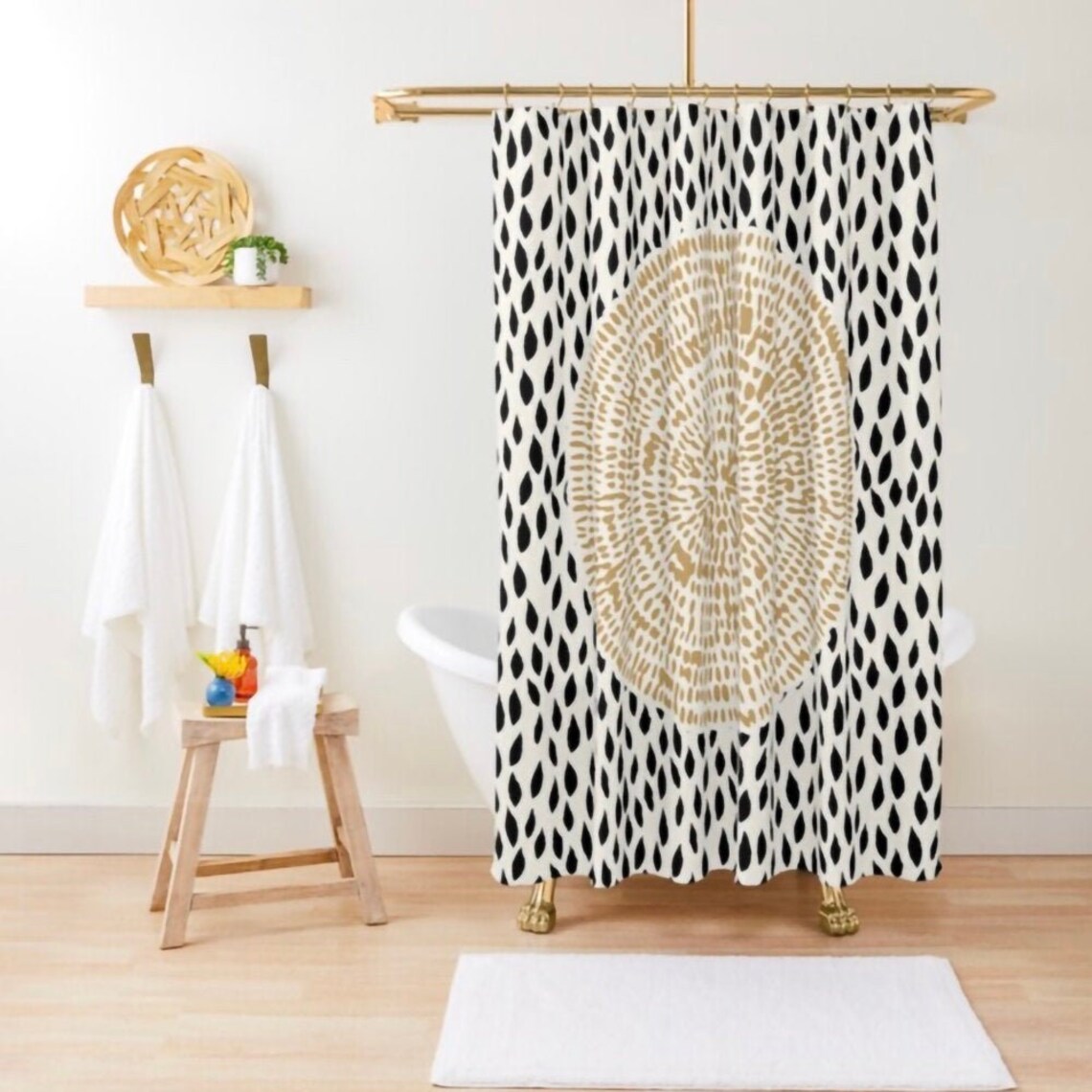 Black White Beige Shower Curtain Boho Shower Curtain Etsy
